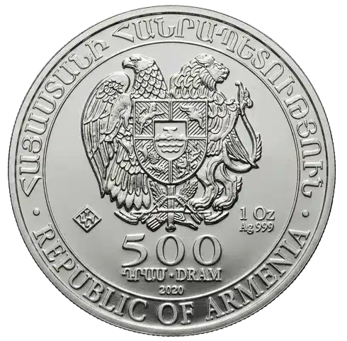 Arche de Noé 1 once argent 2020 – revers, l'Arche voguant sur les eaux, colombe, mont Ararat